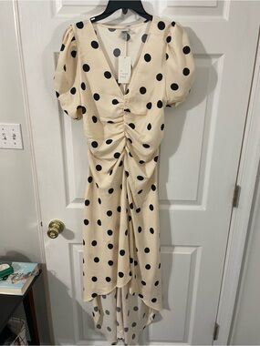 a new day Cream and Black Polka Dot High-Low Midi Dress